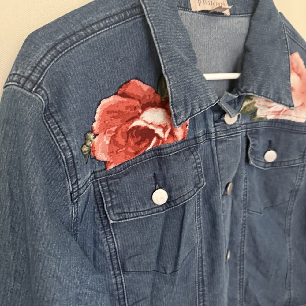 Philosophy Womens XL Blue Denim Floral Appliqué Tulle Denim Jacket - Picture 2 of 9